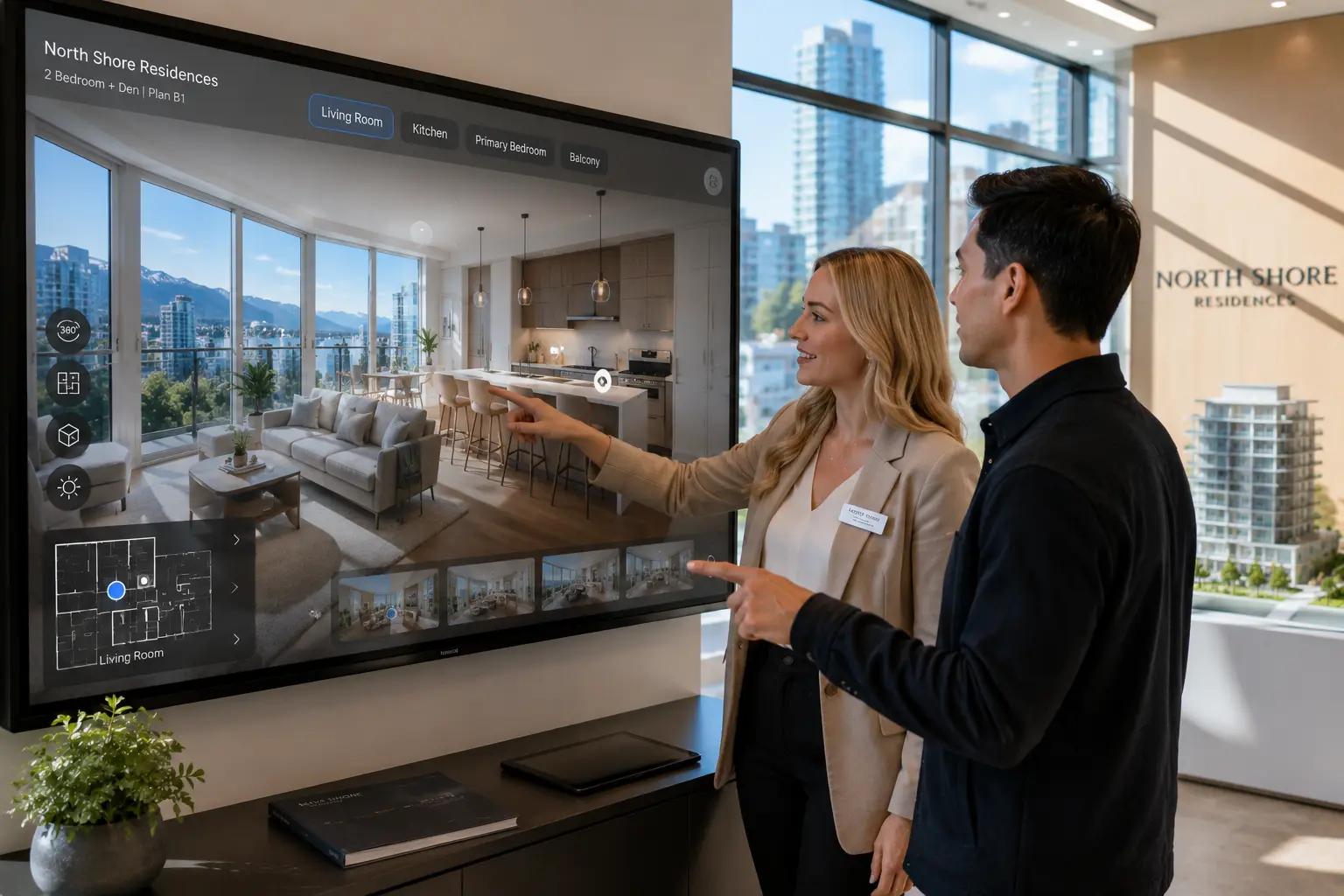 Virtual home tours showing bright Vancouver living room interior with interactive navigation overlay in daylight