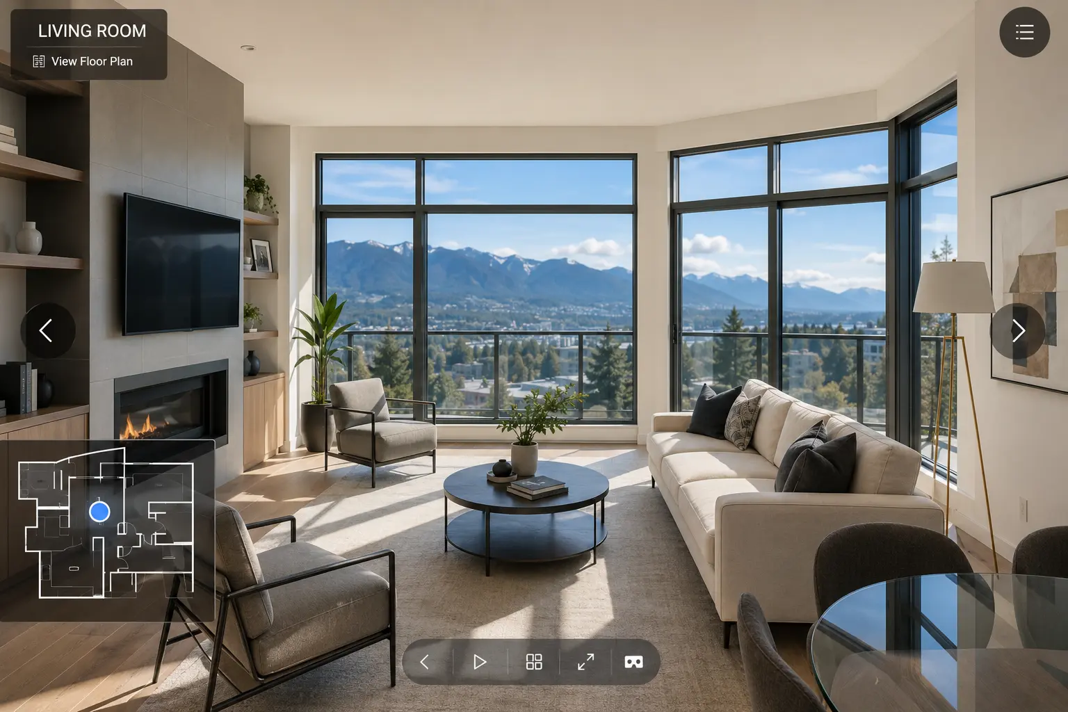 virtual home tours showing bright Vancouver living room interior with interactive navigation overlay in daylight