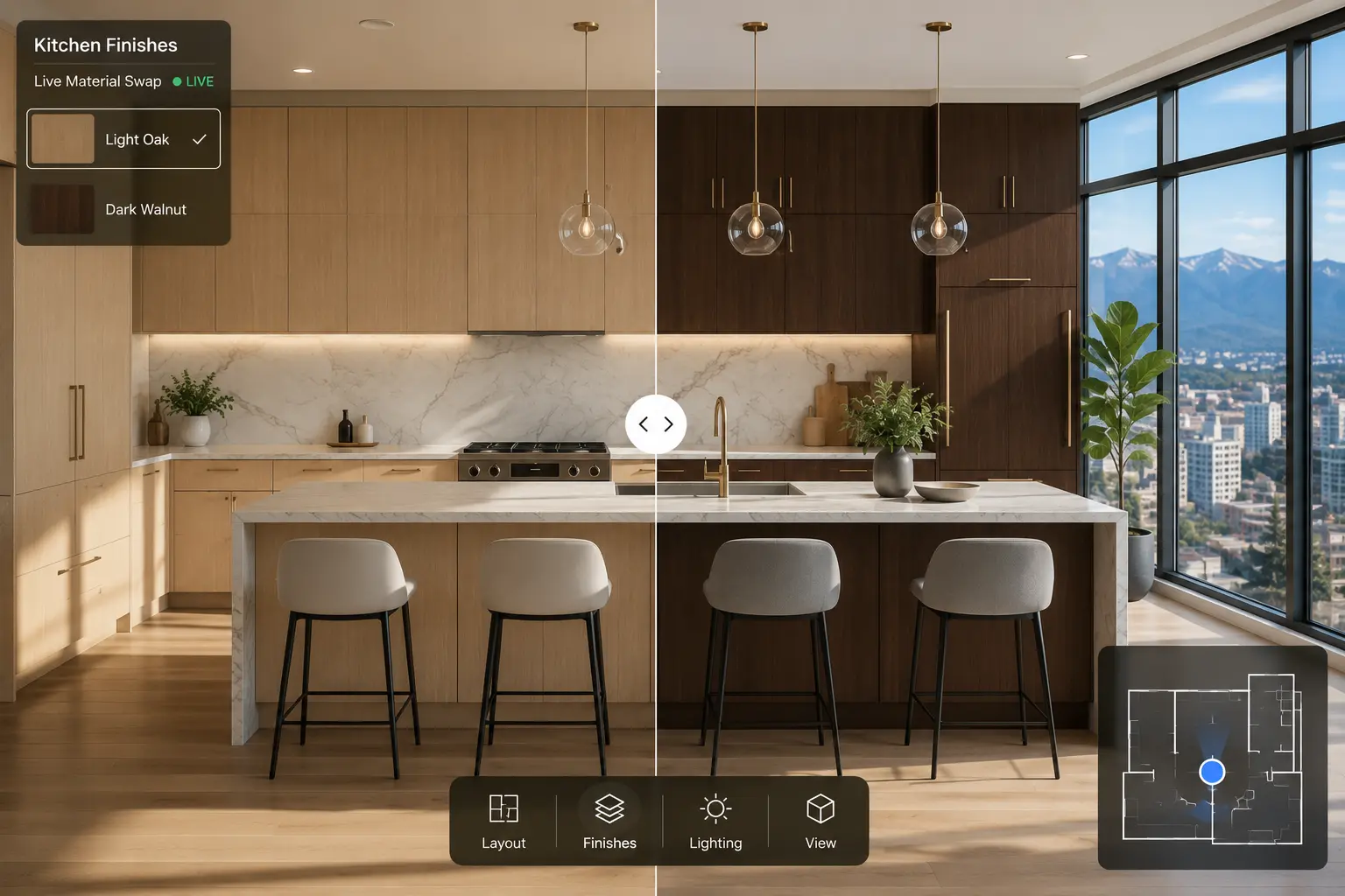 real-time home visualization showing Vancouver kitchen interior with live material finish configuration options in daylight