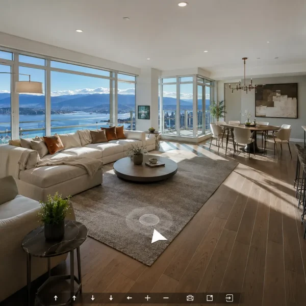 Interactive real estate experiences showing first person buyer navigation through sunlit Vancouver luxury condo with mountain view