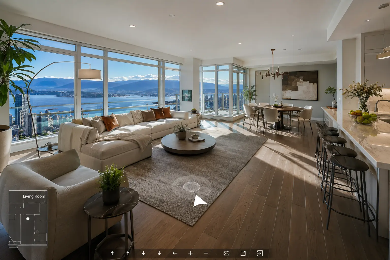 Interactive real estate experiences showing first person buyer navigation through sunlit Vancouver luxury condo with mountain view
