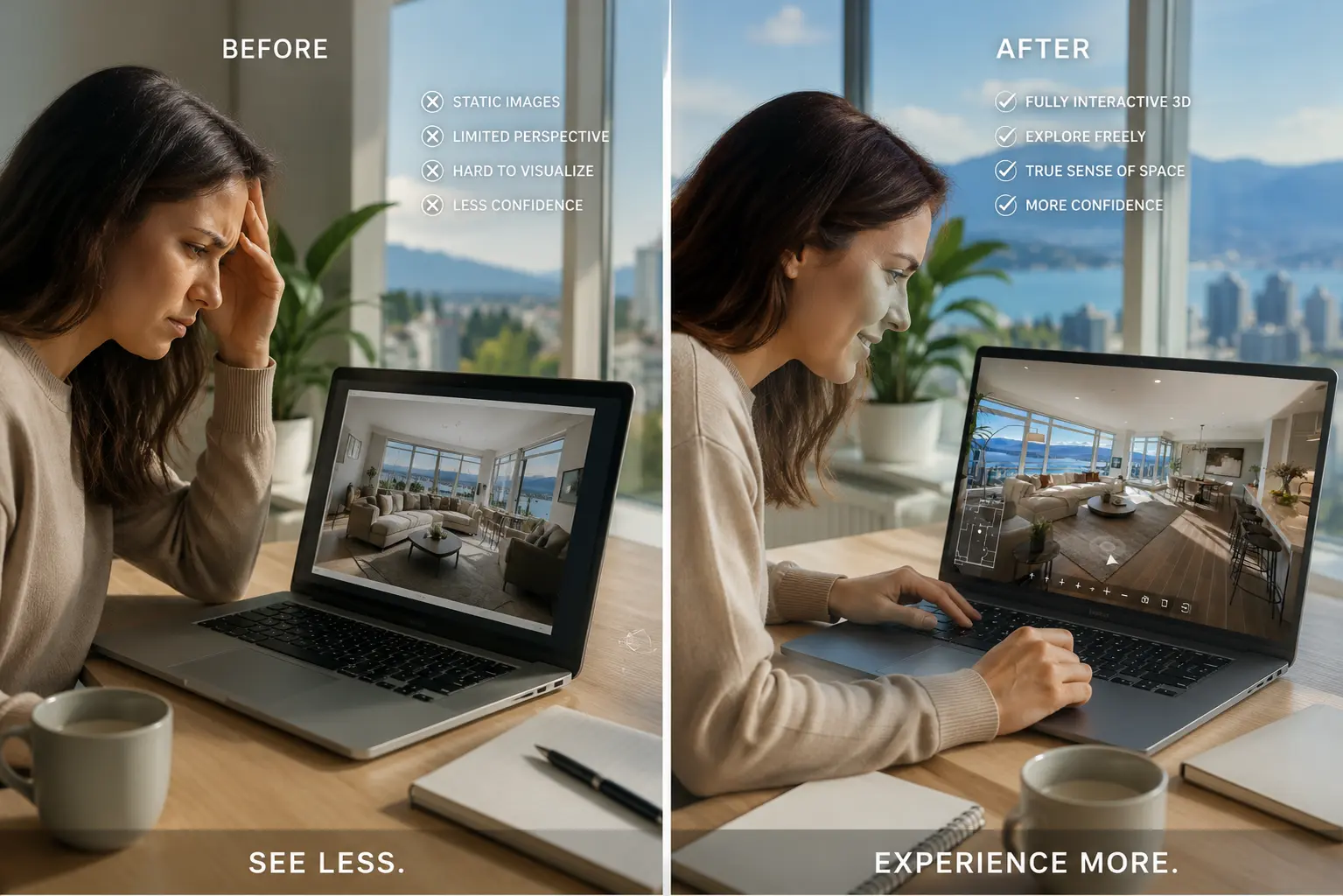 interactive real estate experiences versus static renderings showing buyer engagement contrast in bright Vancouver home office