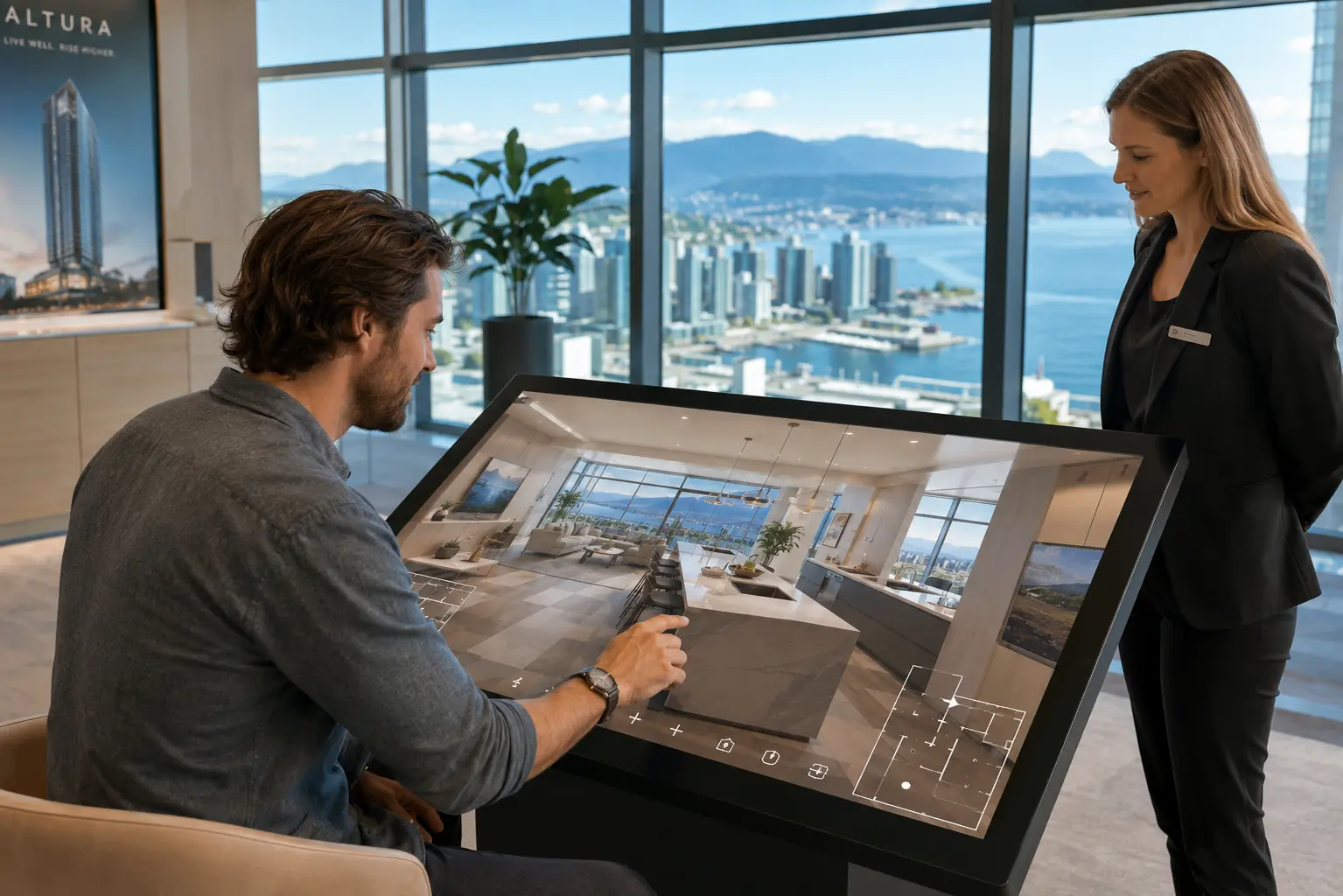 buyer confidence in real estate showing self-directed property exploration on touchscreen in bright Vancouver presale sales suite