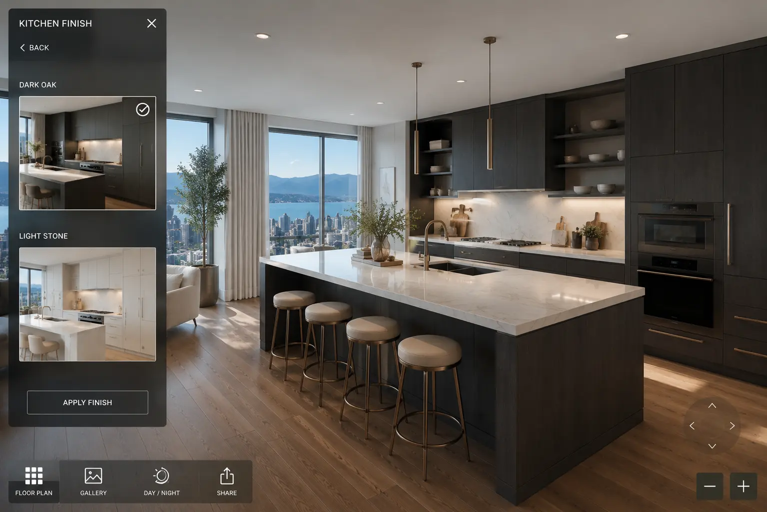 real-time rendering in interactive real estate experiences showing live finish configuration panel in Vancouver presale condo kitchen