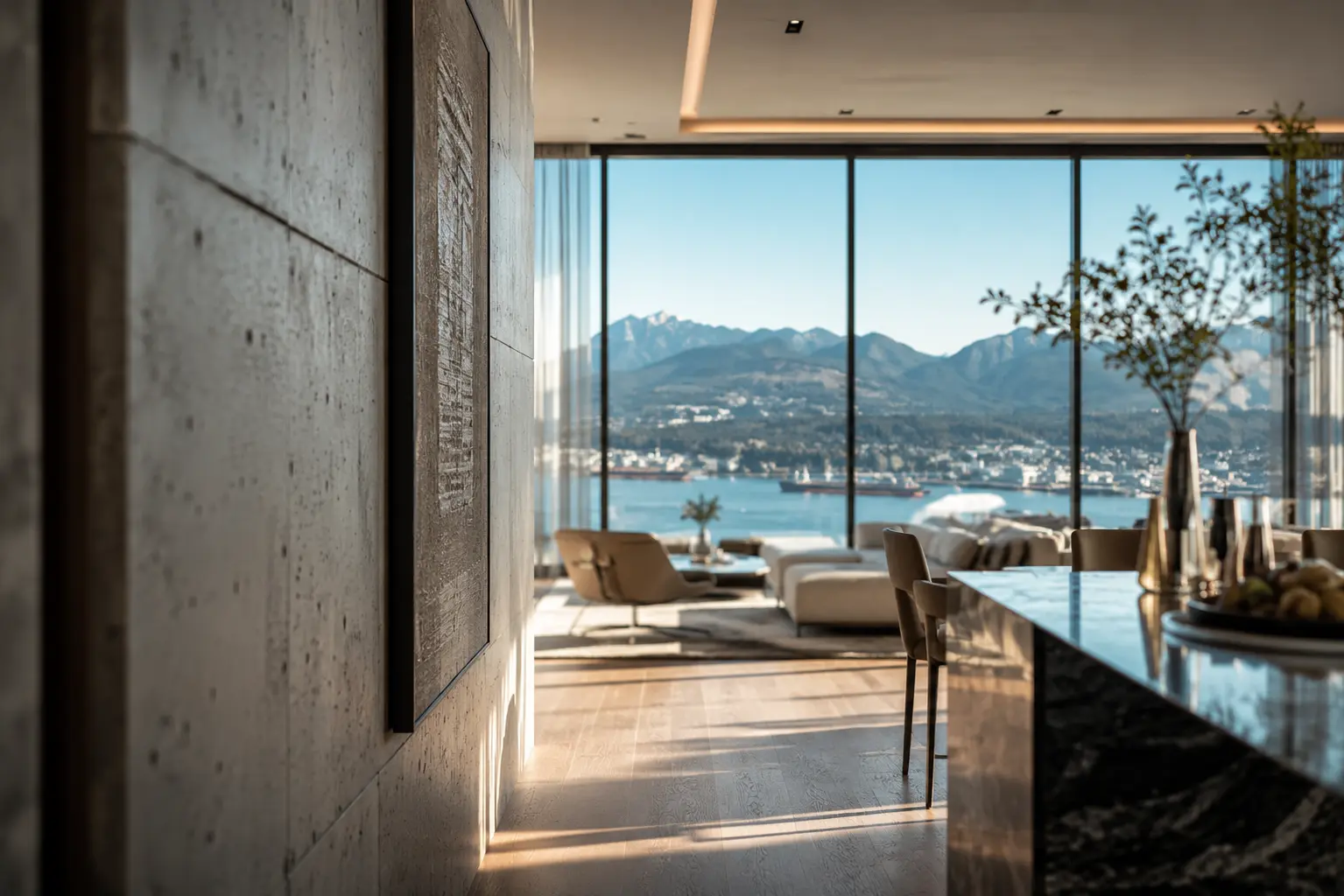 cinematic architectural visualization showing depth-of-field composition in Vancouver luxury penthouse with North Shore mountain view