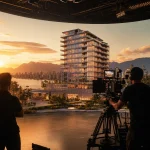 Digital architecture storytelling on virtual production LED volume stage showing Vancouver residential tower render at golden hour