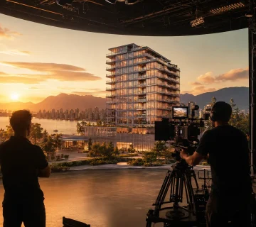 Digital architecture storytelling on virtual production LED volume stage showing Vancouver residential tower render at golden hour