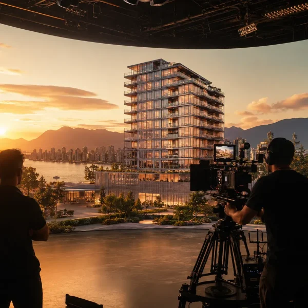 Digital architecture storytelling on virtual production LED volume stage showing Vancouver residential tower render at golden hour