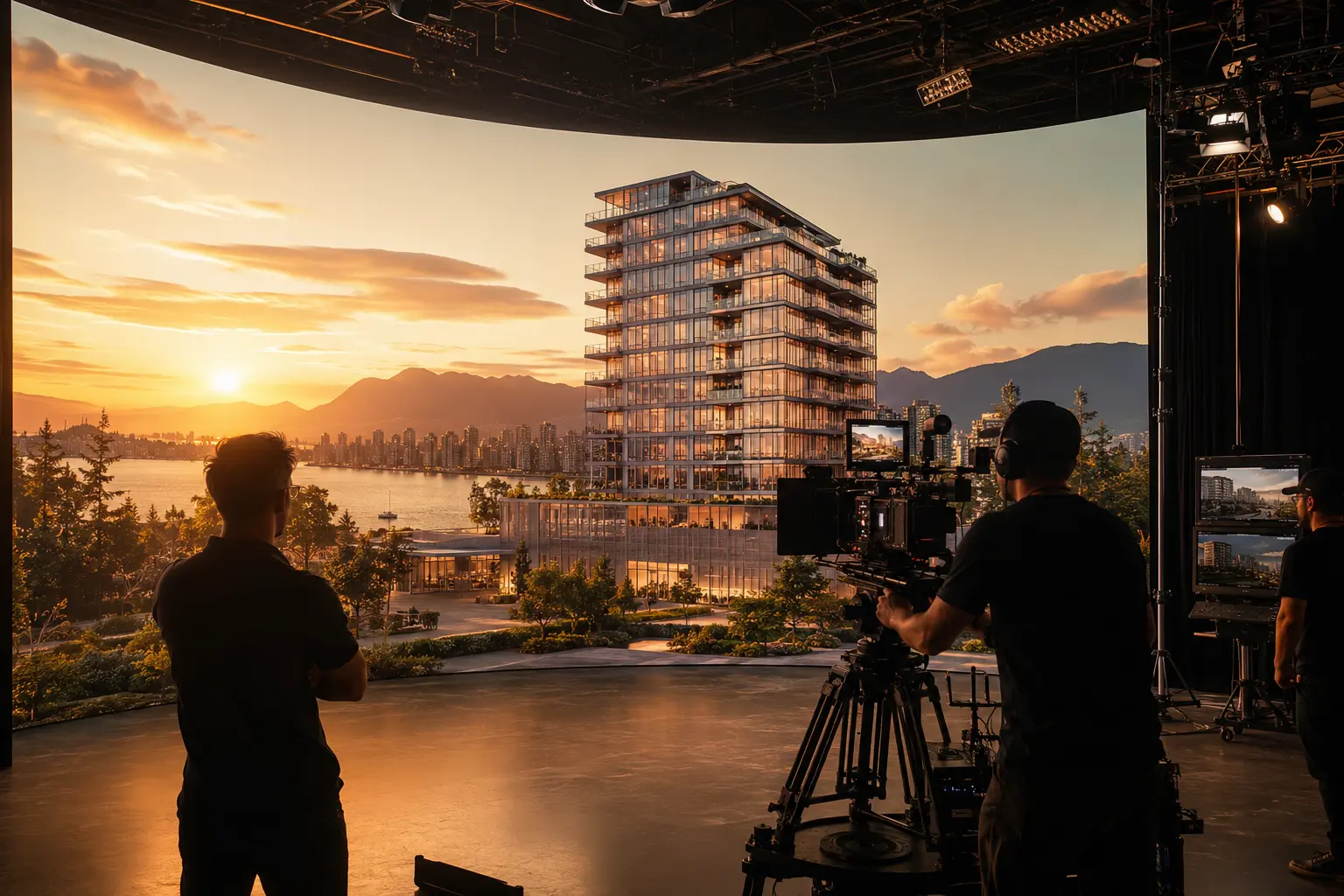 Digital architecture storytelling on virtual production LED volume stage showing Vancouver residential tower render at golden hour