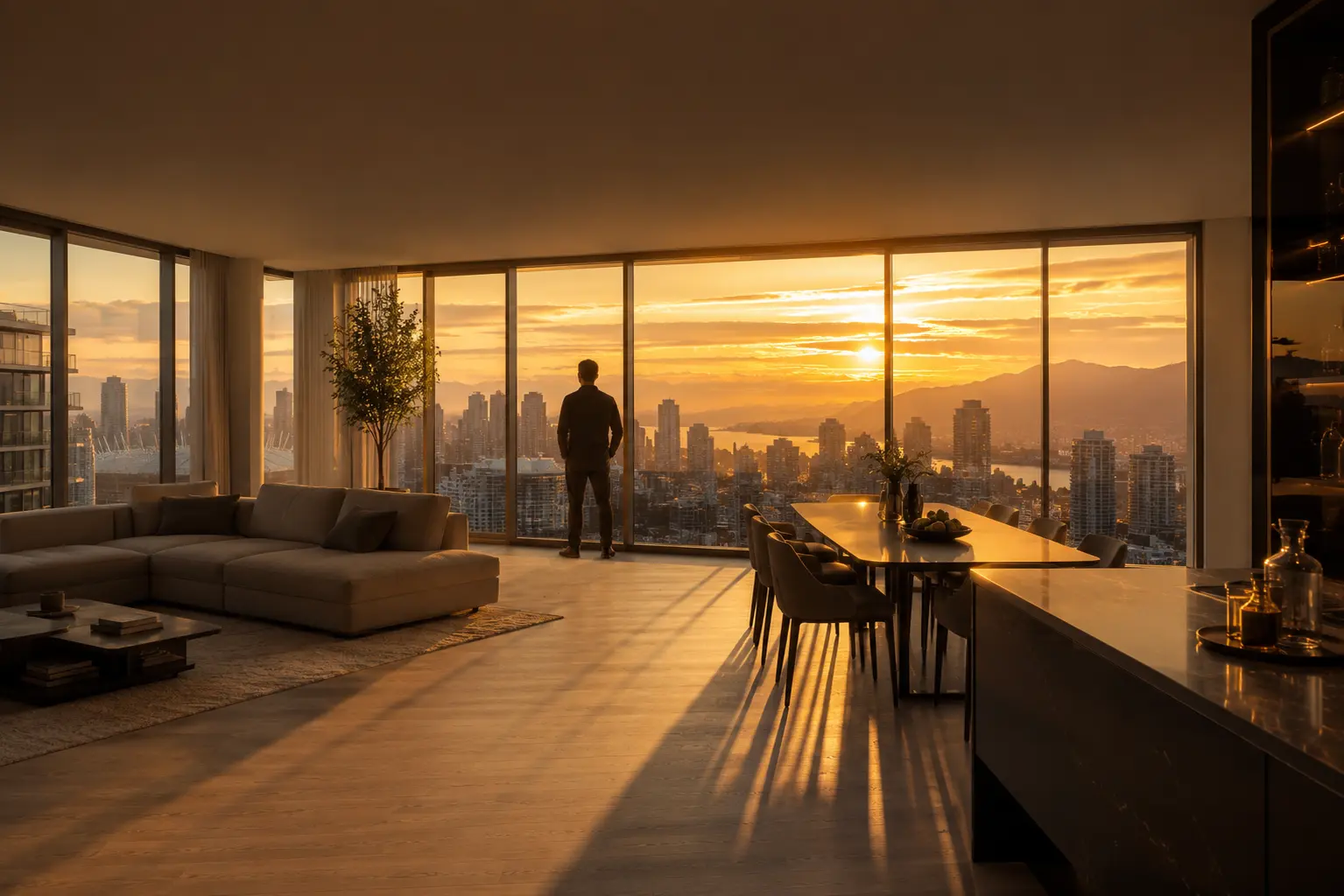 cinematic architectural visualization showing depth-of-field composition in Vancouver luxury penthouse with North Shore mountain view
