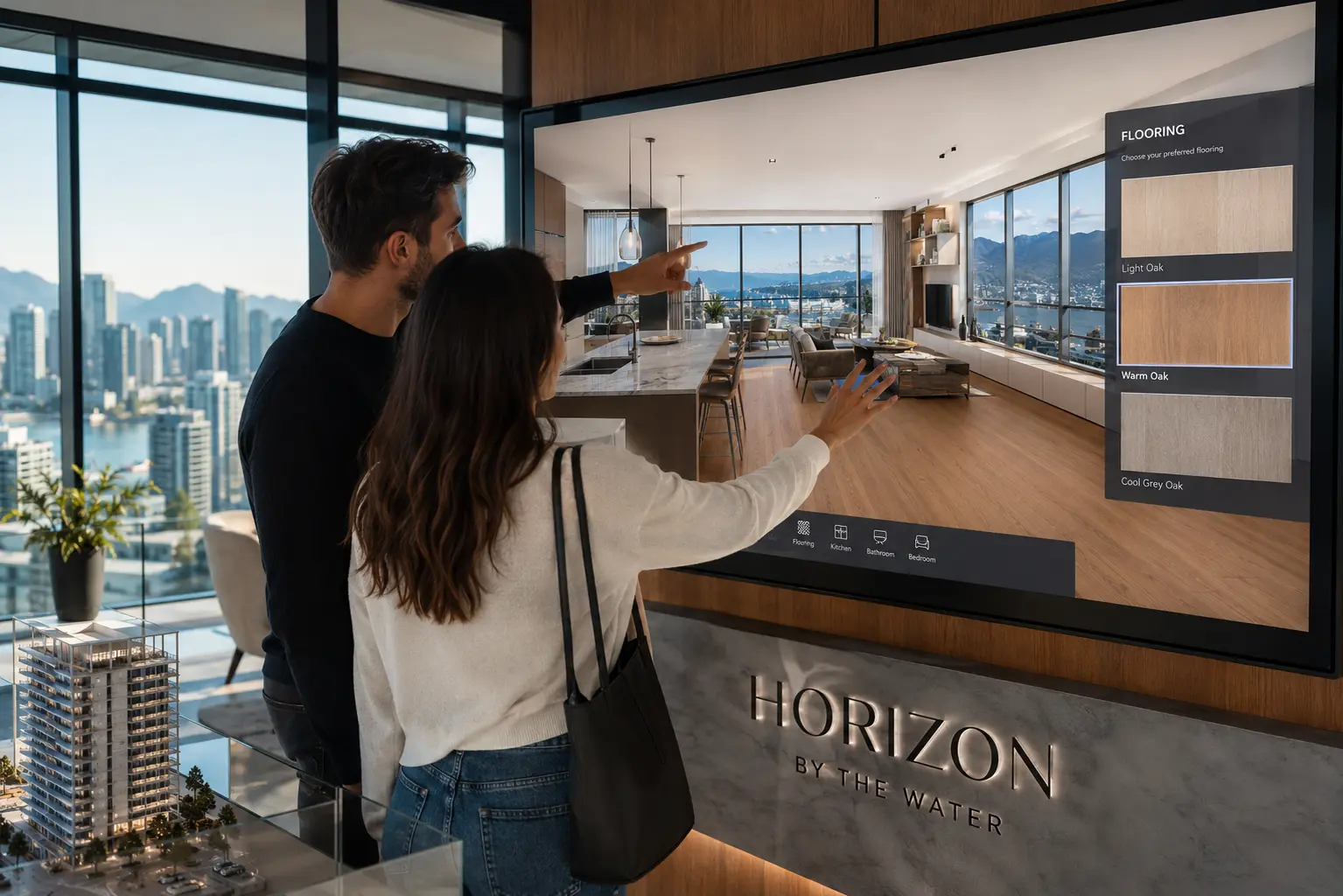 Interactive architectural experiences showing couple exploring finish configurations in bright Vancouver presale sales suite touchscreen display