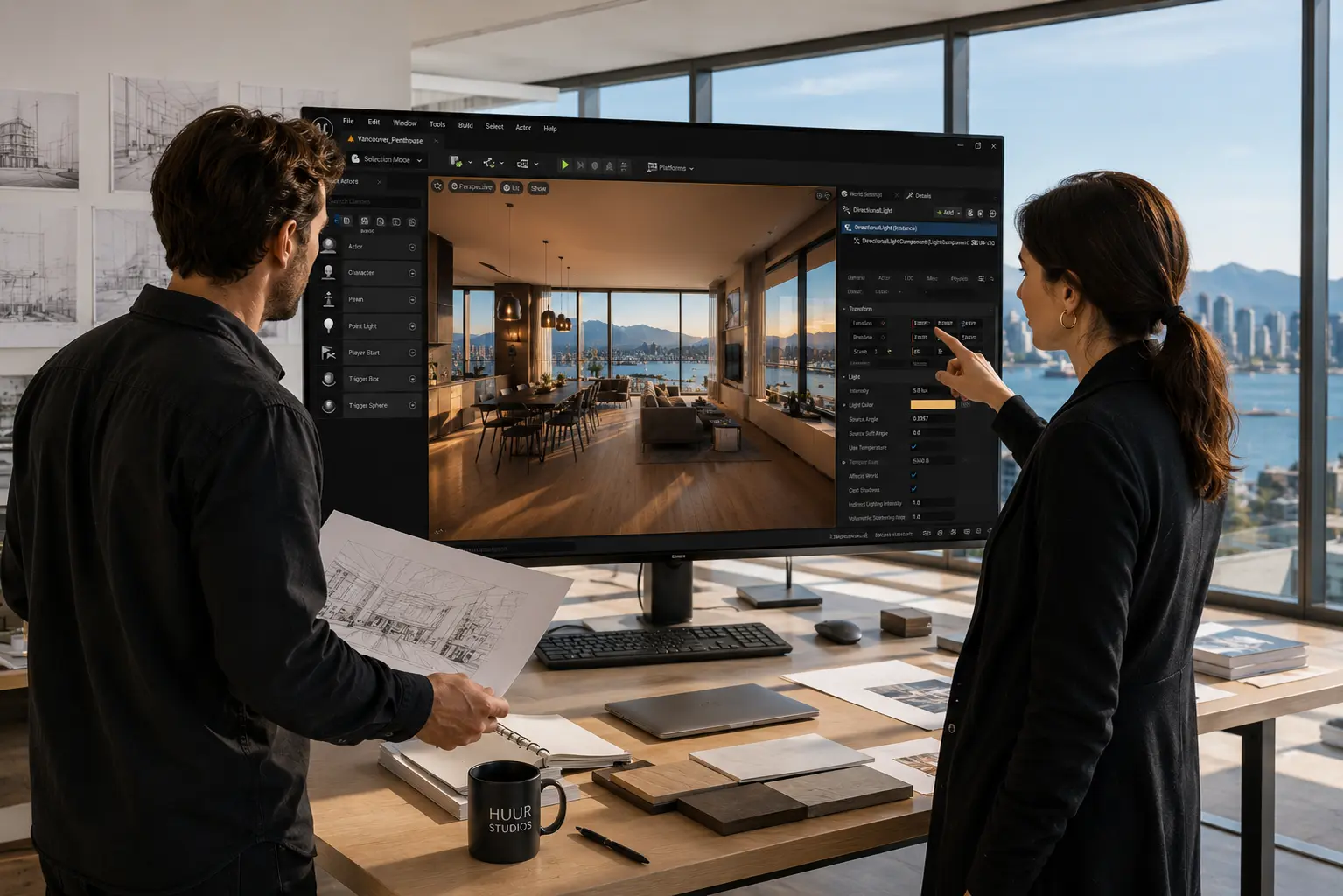 Real-time rendering creative direction showing director and architect reviewing Unreal Engine architectural visualization in bright Vancouver studio