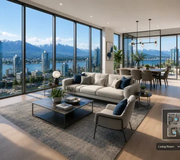 3D real estate walkthrough software showing first person navigable Vancouver condo interior in daylight