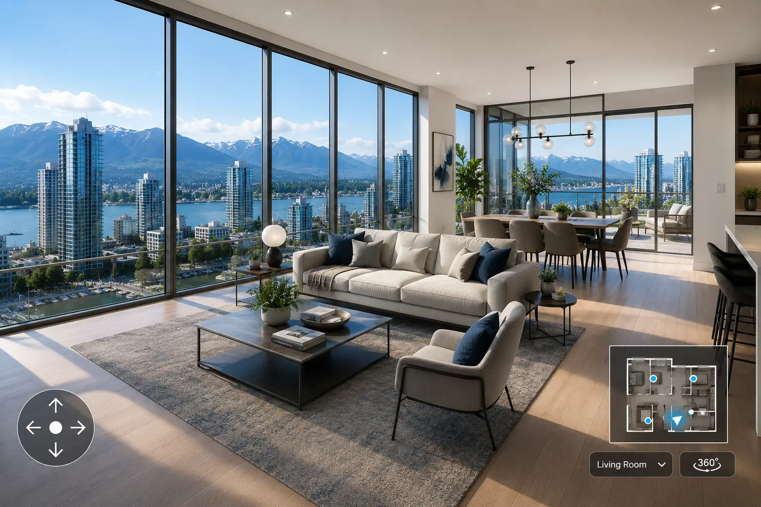 3D real estate walkthrough software showing first person navigable Vancouver condo interior in daylight