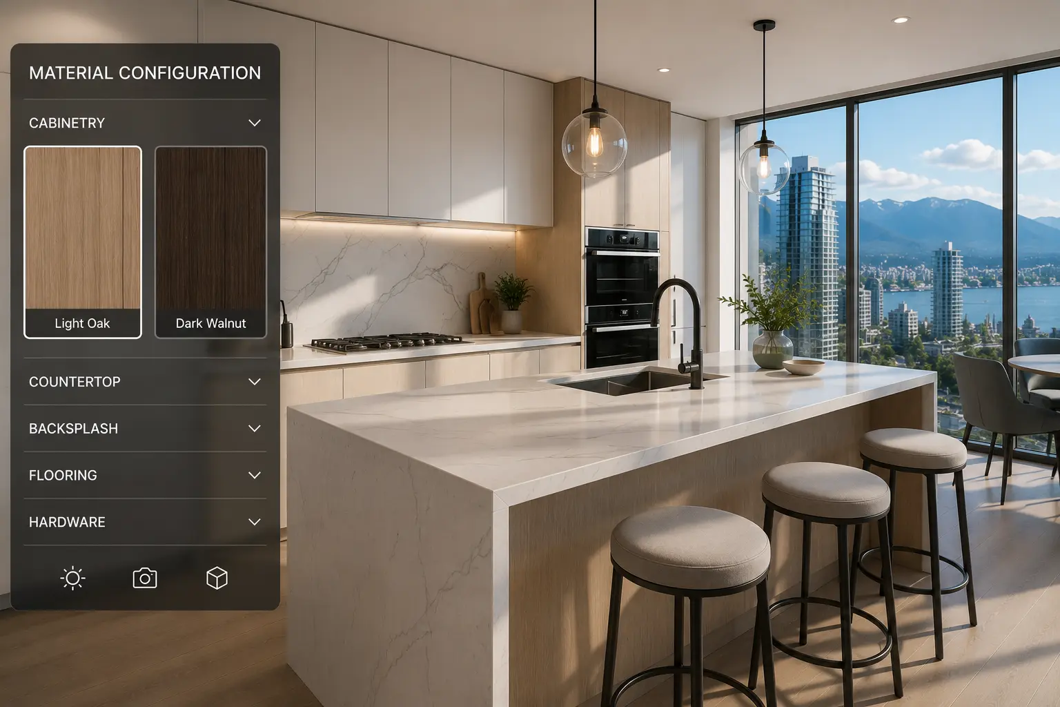 spatial interaction real estate showing live material configuration in Vancouver kitchen daylight rendering