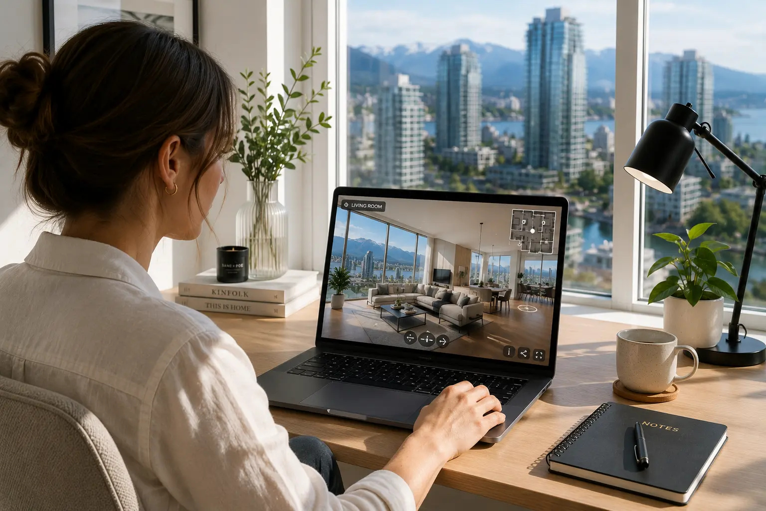 interactive 3D property tours showing buyer exploring walkthrough software on laptop in daylight
