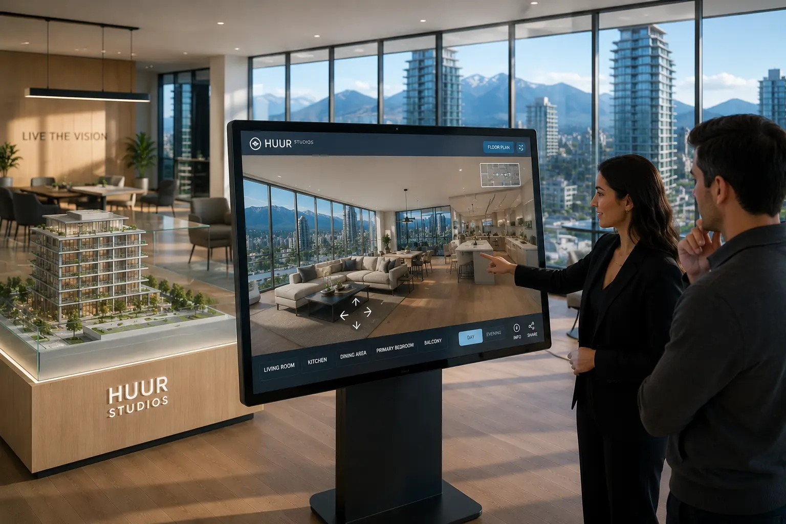 real-time real estate visualization shown in bright Vancouver presale sales center display