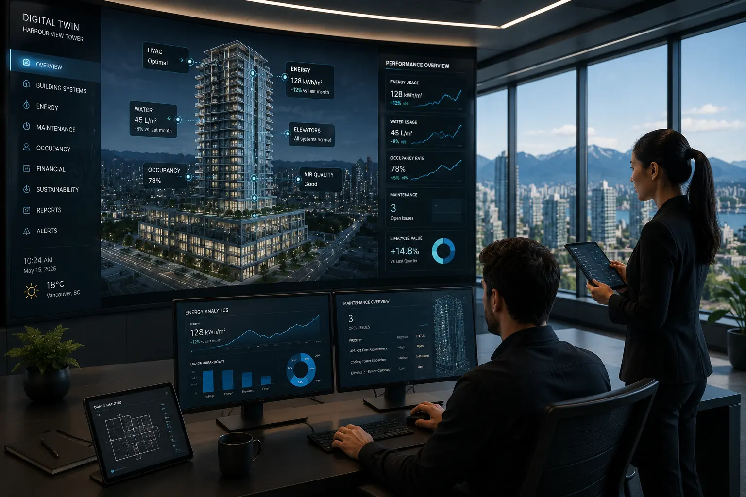 digital twins for architecture and real estate showing unified design and marketing model in bright Vancouver office