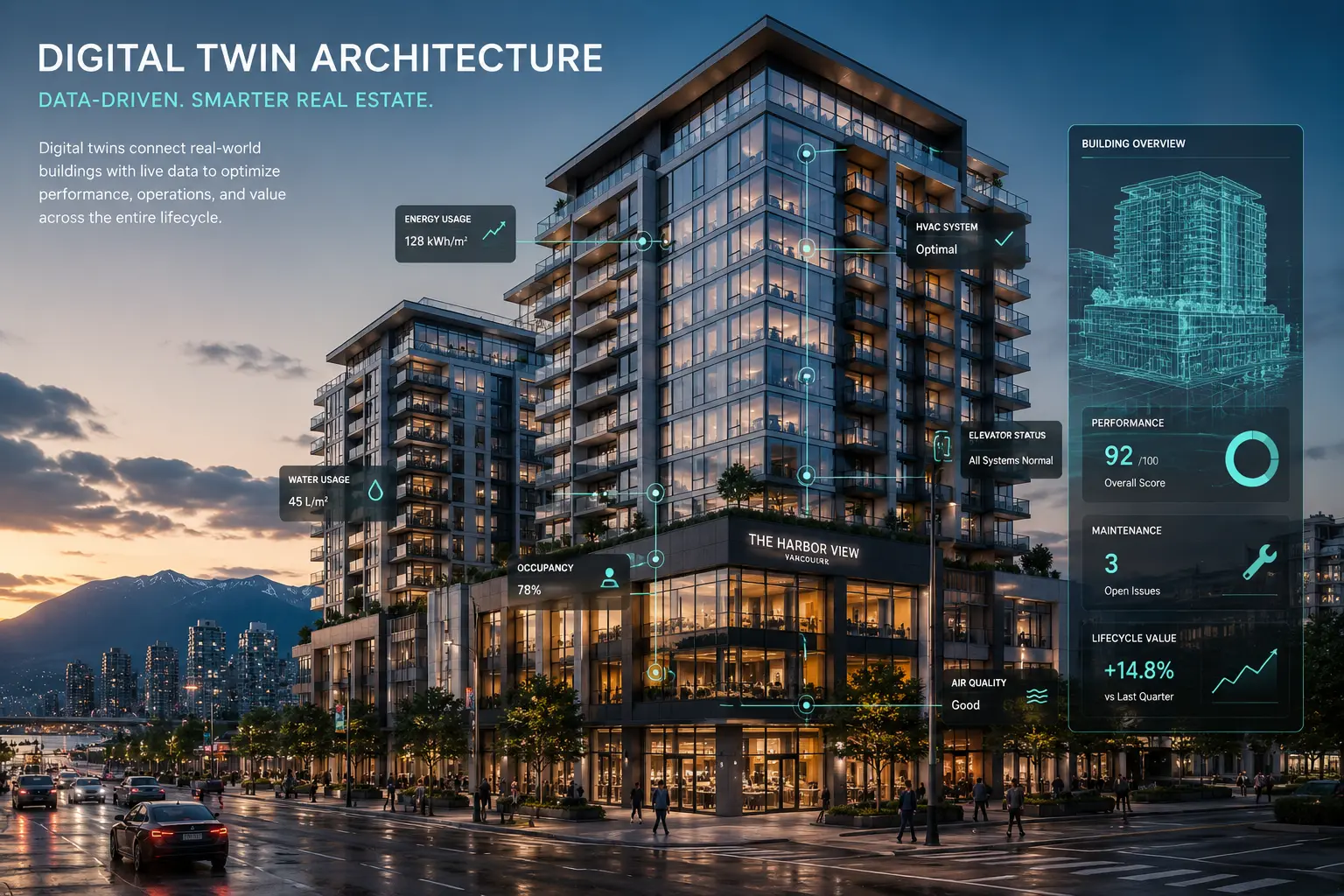 data-driven architectural visualization showing engineer reviewing building systems data in bright Vancouver studio