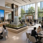 Digital twin architecture for real estate showing Vancouver building exterior with structural data overlay in daylight