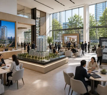 Digital twin architecture for real estate showing Vancouver building exterior with structural data overlay in daylight