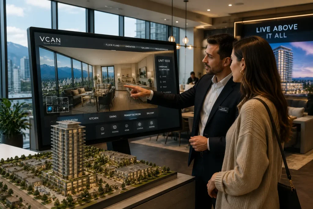 Interactive pre sale real estate platform showing sales consultant and buyer in bright Vancouver sales suite