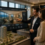 Interactive pre sale real estate platform showing sales consultant and buyer in bright Vancouver sales suite