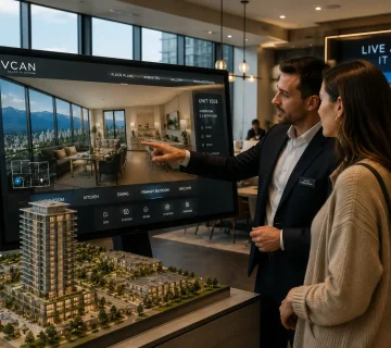 Interactive pre sale real estate platform showing sales consultant and buyer in bright Vancouver sales suite