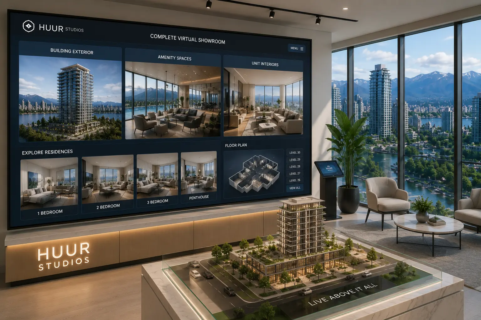 pre-construction visualization platform showing photorealistic Vancouver residential tower rendered above active construction site in daylight