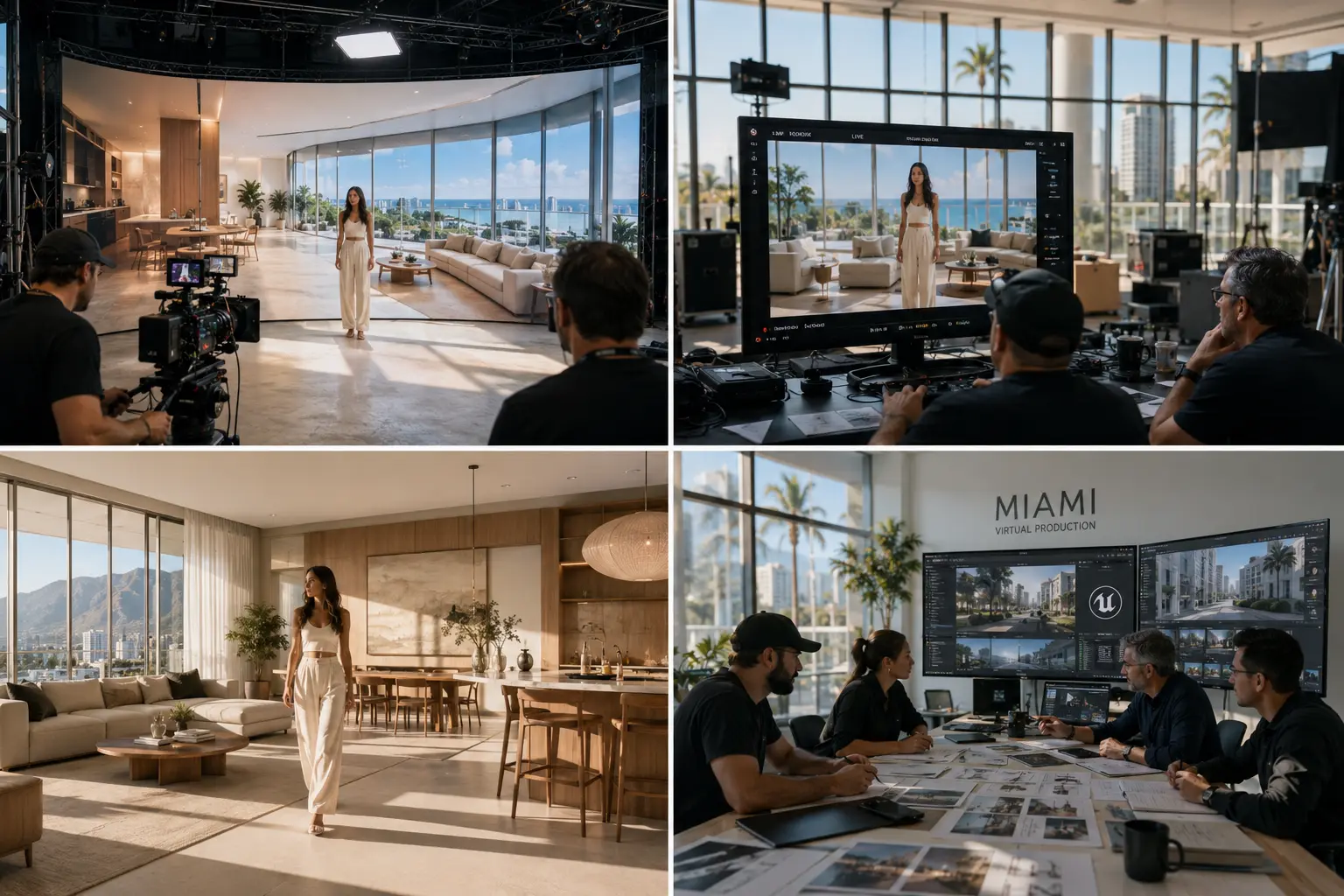 virtual production with Unreal Engine showing LED volume stage displaying photorealistic Vancouver coastal architecture in daylight