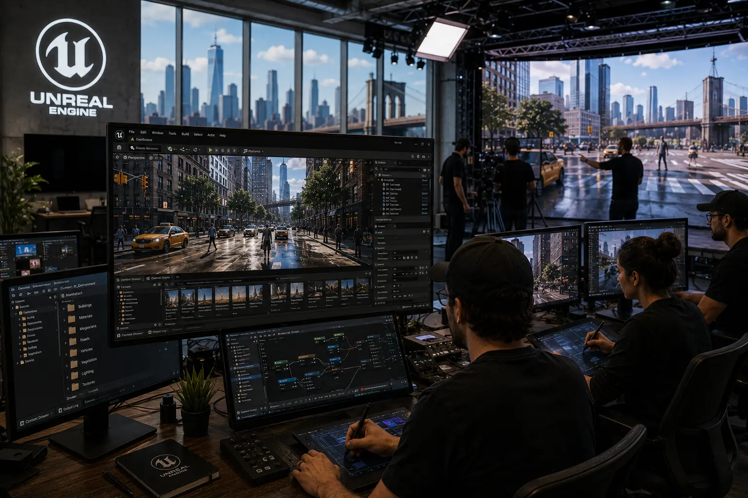 A bright daylight virtual production stage showing a curved LED volume wall displaying a photorealistic Vancouver penthouse interior, a model standing inside the set bathed in natural-looking daylight from the digital environment, camera and crew visible. Photorealistic, cinematic daylight, 8K.virtual production for architecture showing LED volume stage with photorealistic Vancouver penthouse environment in daylight
