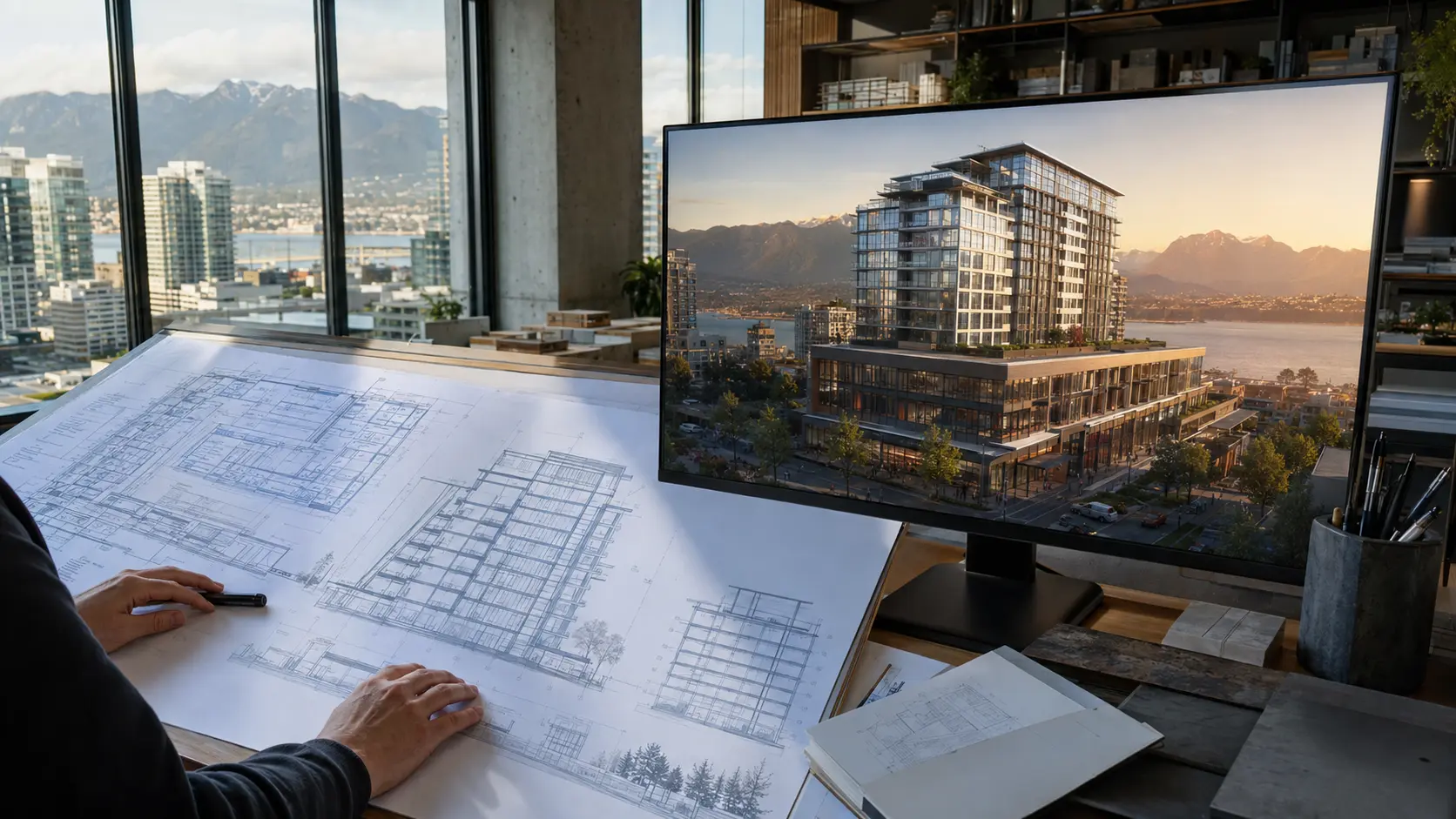 blueprint to virtual experience transformation showing architectural blueprint drawings beside photorealistic Unreal Engine building visualization on monitor in Vancouver studio