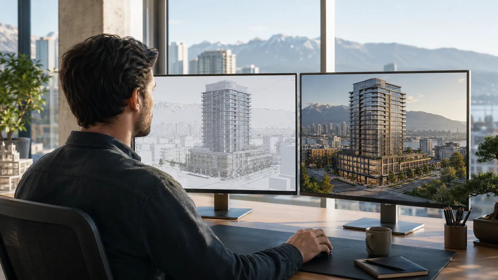 blueprint to virtual experience production pipeline showing visualization artist with BIM model on left monitor and photorealistic Unreal Engine render of same building on right