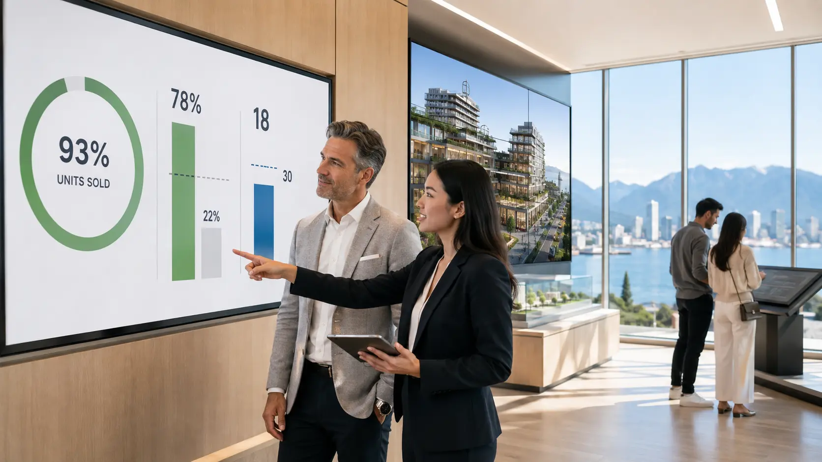 immersive visualization driving presale sales velocity showing Vancouver developer reviewing strong campaign performance metrics with virtual environment running in presale suite background