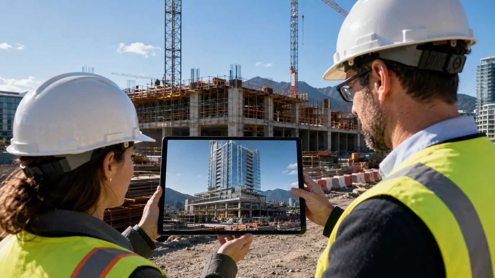 blueprint to virtual experience future showing architect and developer viewing augmented reality completed building overlay on active Vancouver construction site through tablet