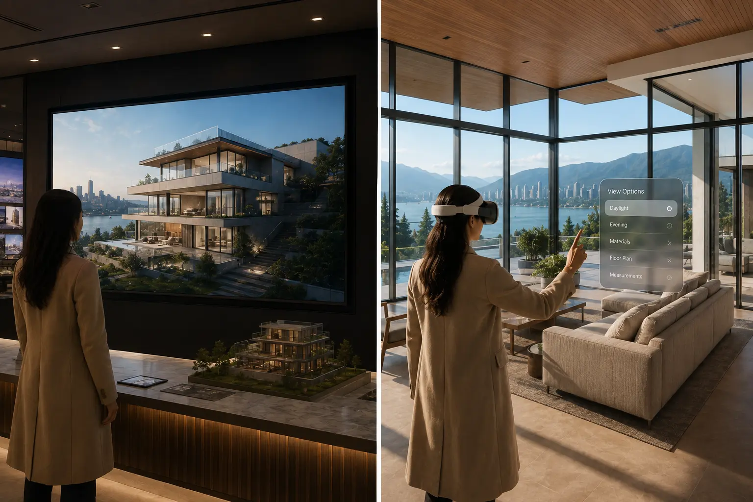 Architect exploring an immersive virtual environment using Unreal Engine and mixed reality technology with realistic spatial interaction.