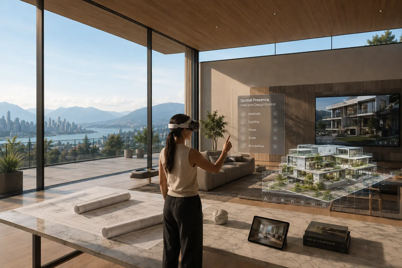 Clients and architects collaboratively exploring a photorealistic virtual residential development using immersive architectural visualization technology.