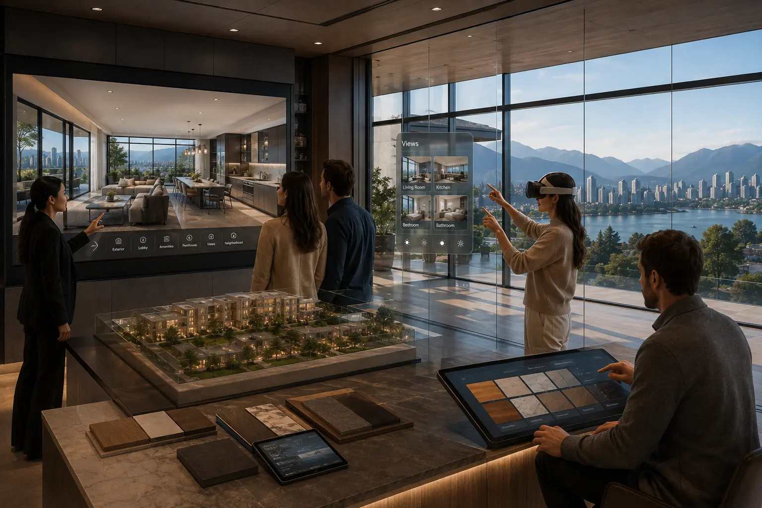 Architect and client interacting with a real-time virtual architectural environment using Apple Vision Pro and Unreal Engine technology.