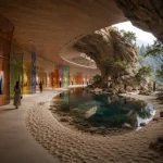 Virtual art gallery showing Mountain Light Gallery — warm wooden corridor with organic columns, artworks on walls, and a natural water feature running alongside the exhibition space