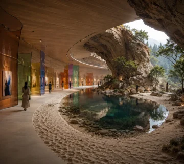 Virtual art gallery showing Mountain Light Gallery — warm wooden corridor with organic columns, artworks on walls, and a natural water feature running alongside the exhibition space