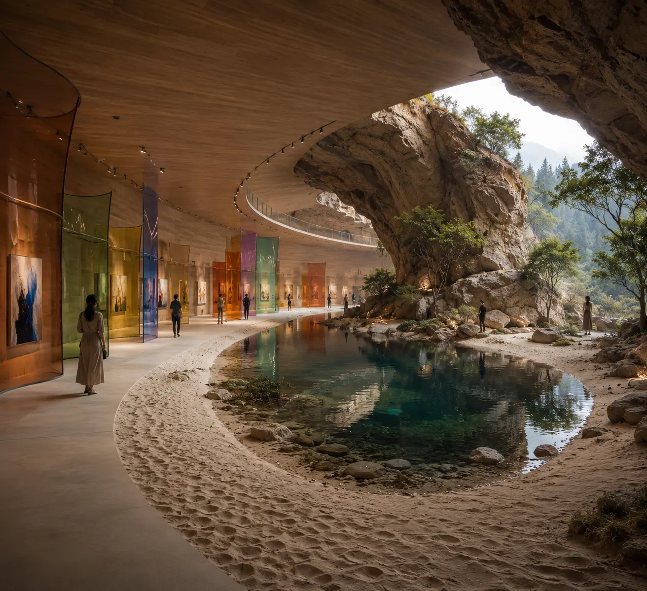 virtual art gallery showing Mountain Light Gallery — warm wooden corridor with organic columns, artworks on walls, and a natural water feature running alongside the exhibition space