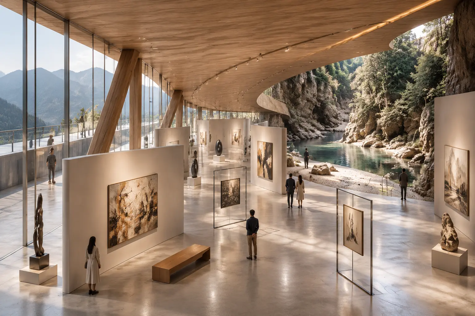 virtual art gallery interior with contemporary artworks on white walls and a dramatic digital dissolution ceiling effect transitioning into a large-scale immersive projection screen showing elemental imagery, mountain and water view through floor-to-ceiling glass