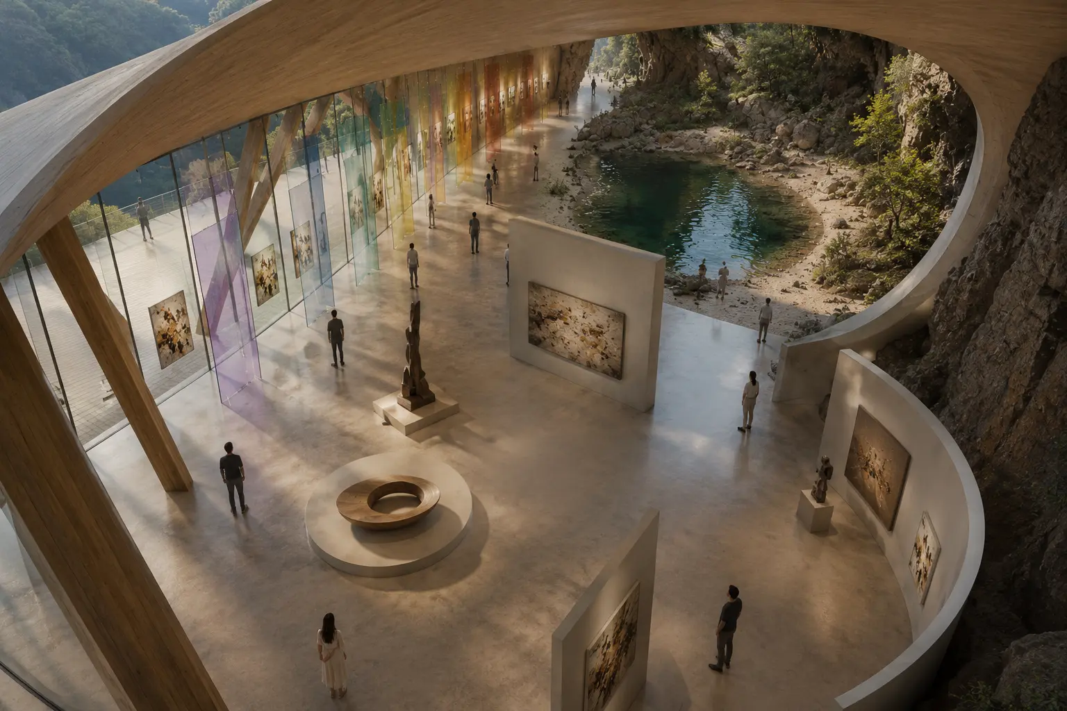 immersive virtual art gallery interior built inside a rock formation