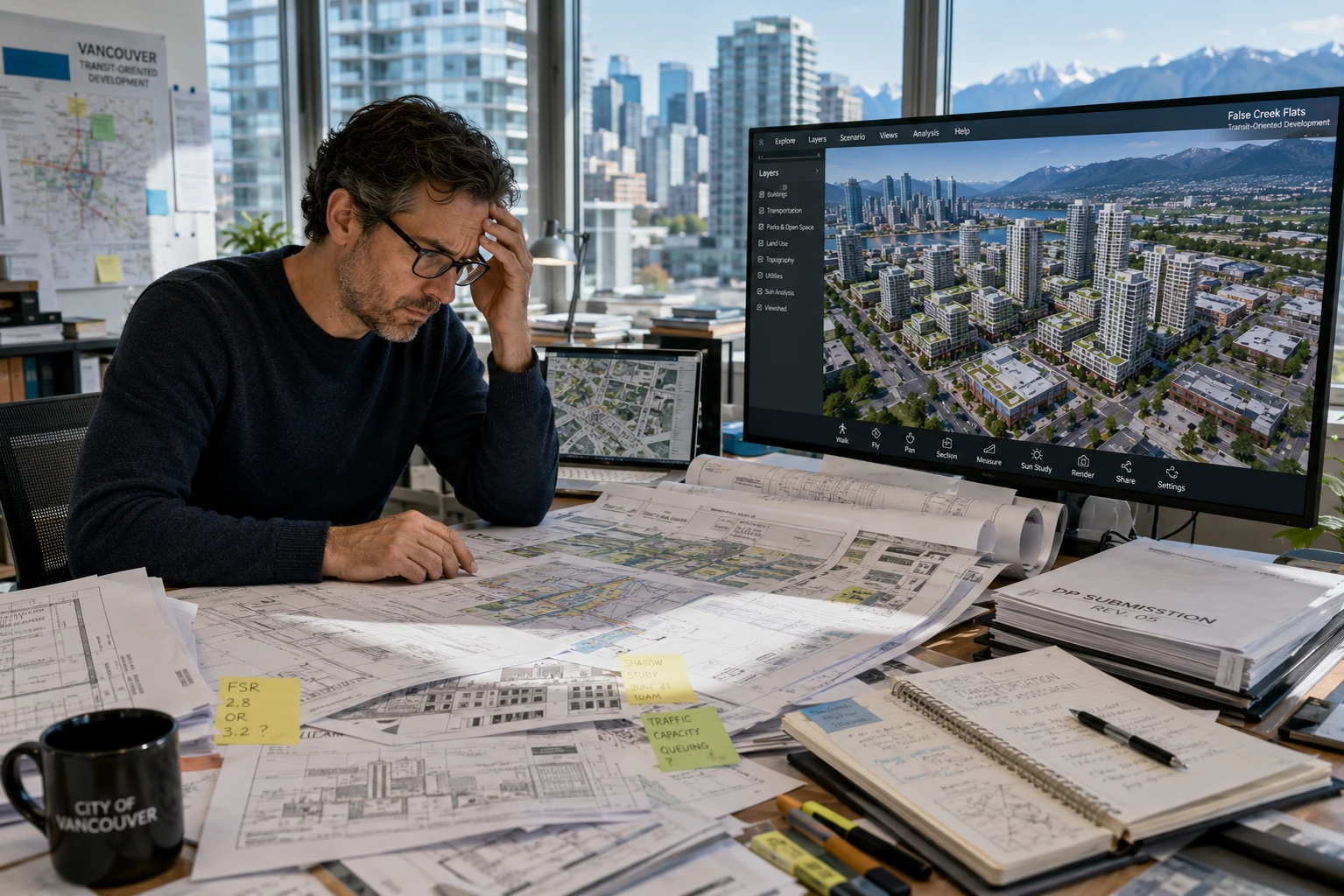 urban planning communication showing planner surrounded by complex printed drawings beside a clear photorealistic 3D district visualization on monitor
