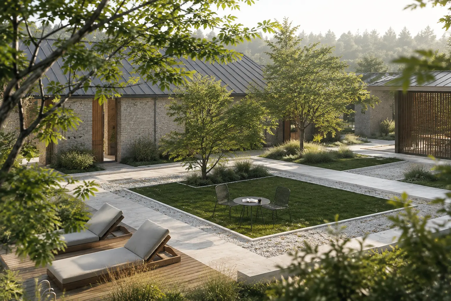Photorealistic open-concept kitchen and living space with natural stone, warm timber, large windows, and a motion-blurred person moving through the interior.