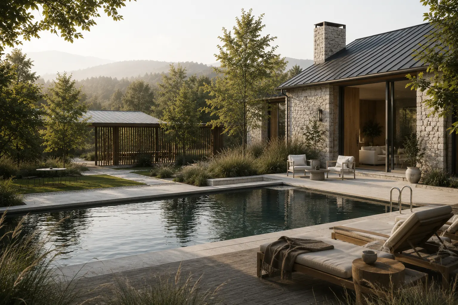 Exterior architectural visualization from the pool terrace overlooking a contemporary residence, landscaped gardens, mature trees, and surrounding natural scenery.