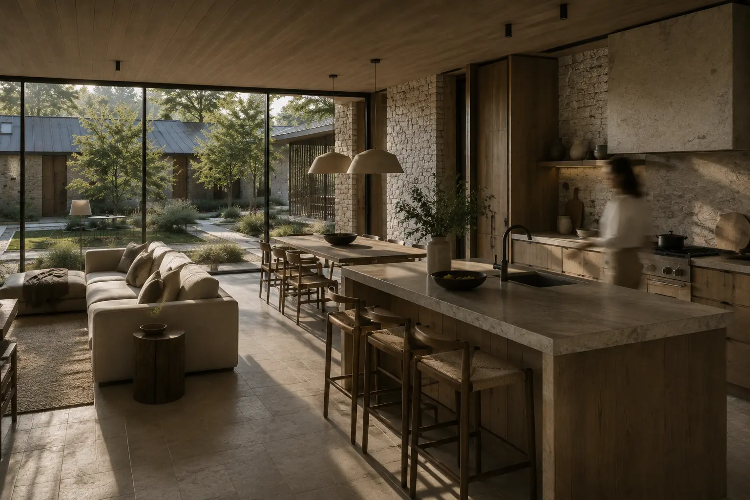 Architectural visualization of a luxury residence with a reflecting pool, natural stone exterior, timber details, outdoor lounge areas, and surrounding landscape.