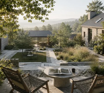 Architectural Visualization ROI  Photorealistic architectural visualization of a contemporary residential courtyard surrounded by mature trees, natural stone pathways, lawn, and integrated outdoor spaces 