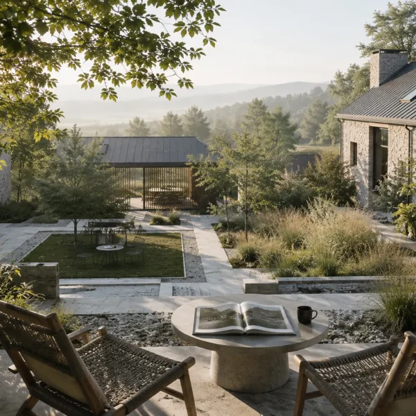 Architectural Visualization ROI  Photorealistic architectural visualization of a contemporary residential courtyard surrounded by mature trees, natural stone pathways, lawn, and integrated outdoor spaces 