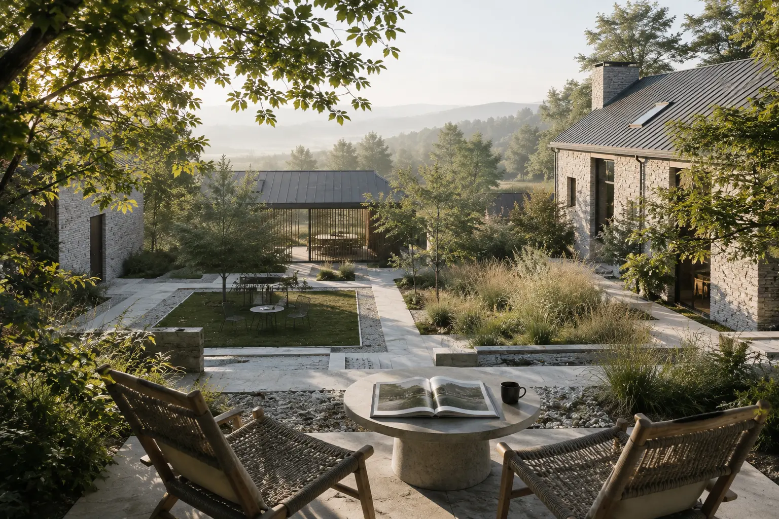 Architectural Visualization ROI- Photorealistic architectural visualization of a contemporary residential courtyard surrounded by mature trees, natural stone pathways, lawn, and integrated outdoor spaces.